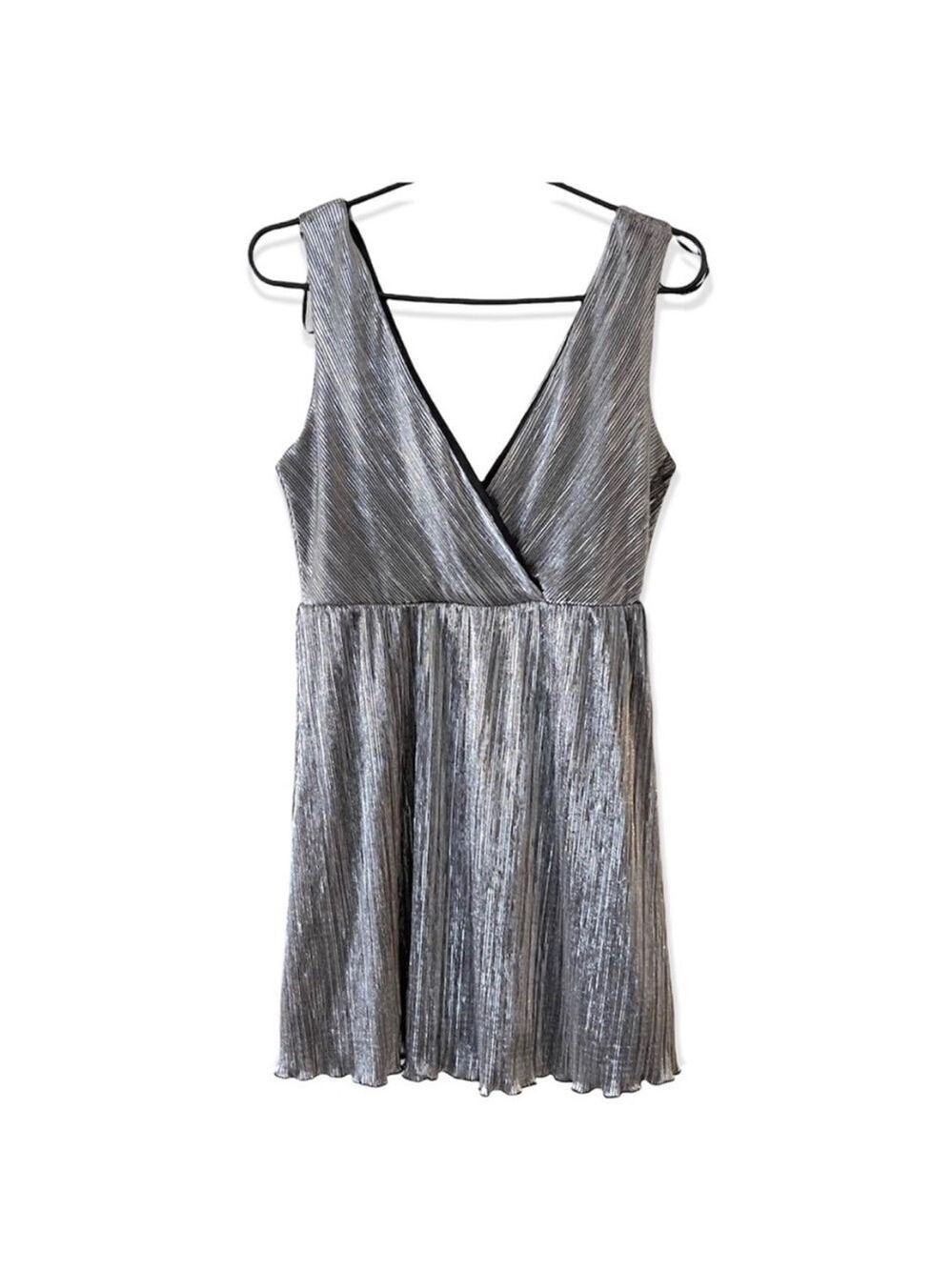 Y2K Metallic Dress Plunge Neck Black Silver Dress S party dress